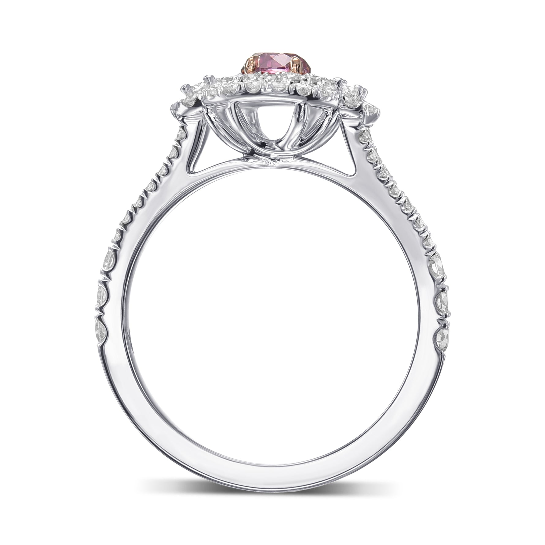 Round Fancy Vivid Purplish Pink & Oval 3 Stone Diamond Ring