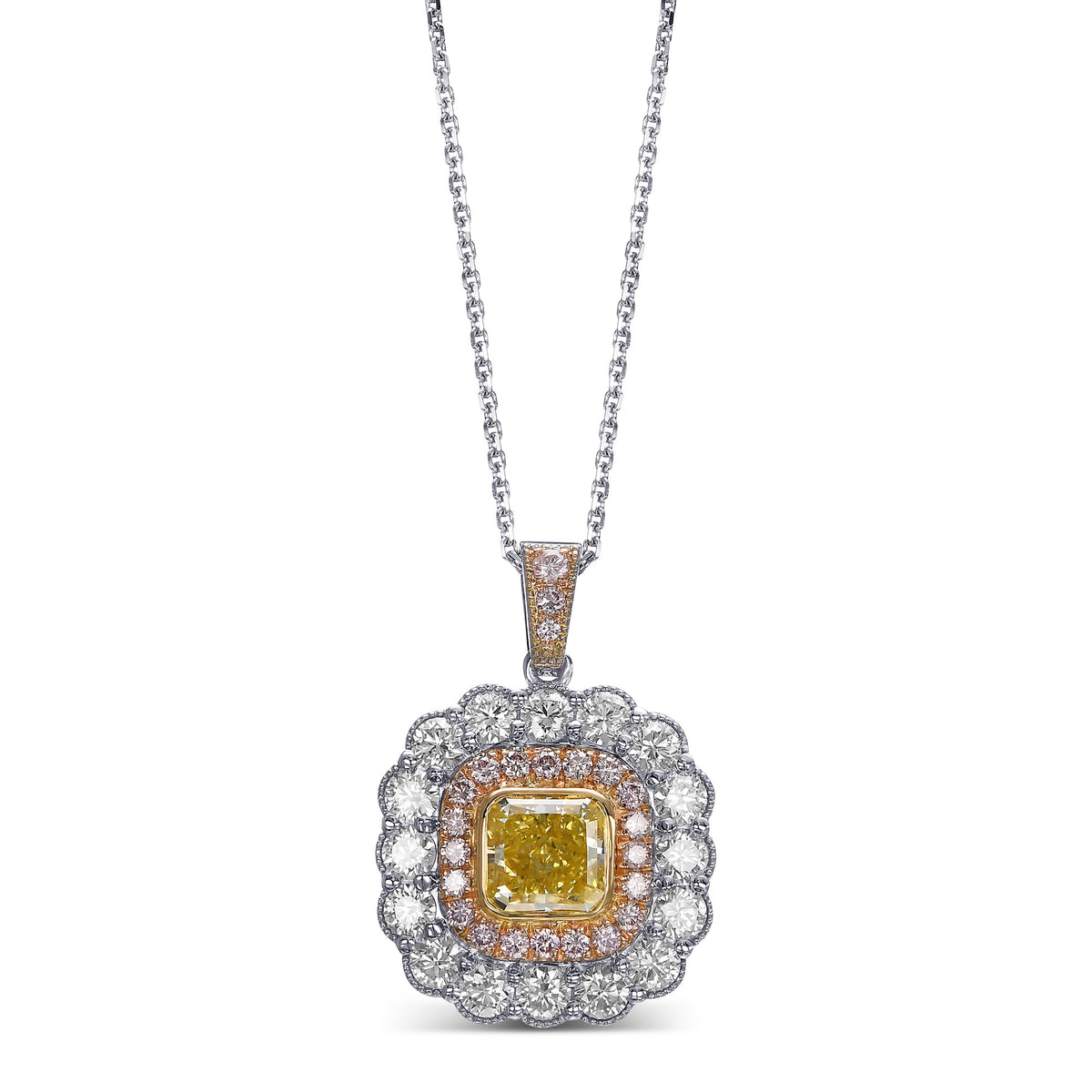 Fancy Intense Yellow Cushion Halo Diamond Pendant