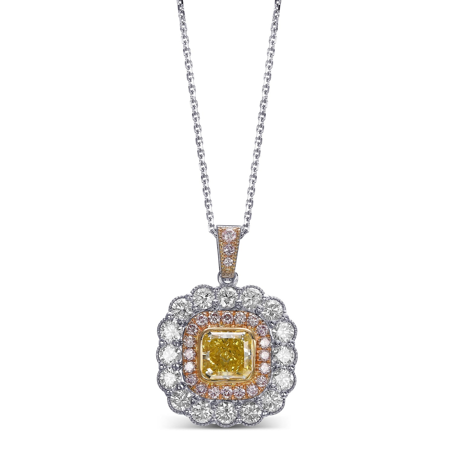 Fancy Intense Yellow Cushion Halo Diamond Pendant