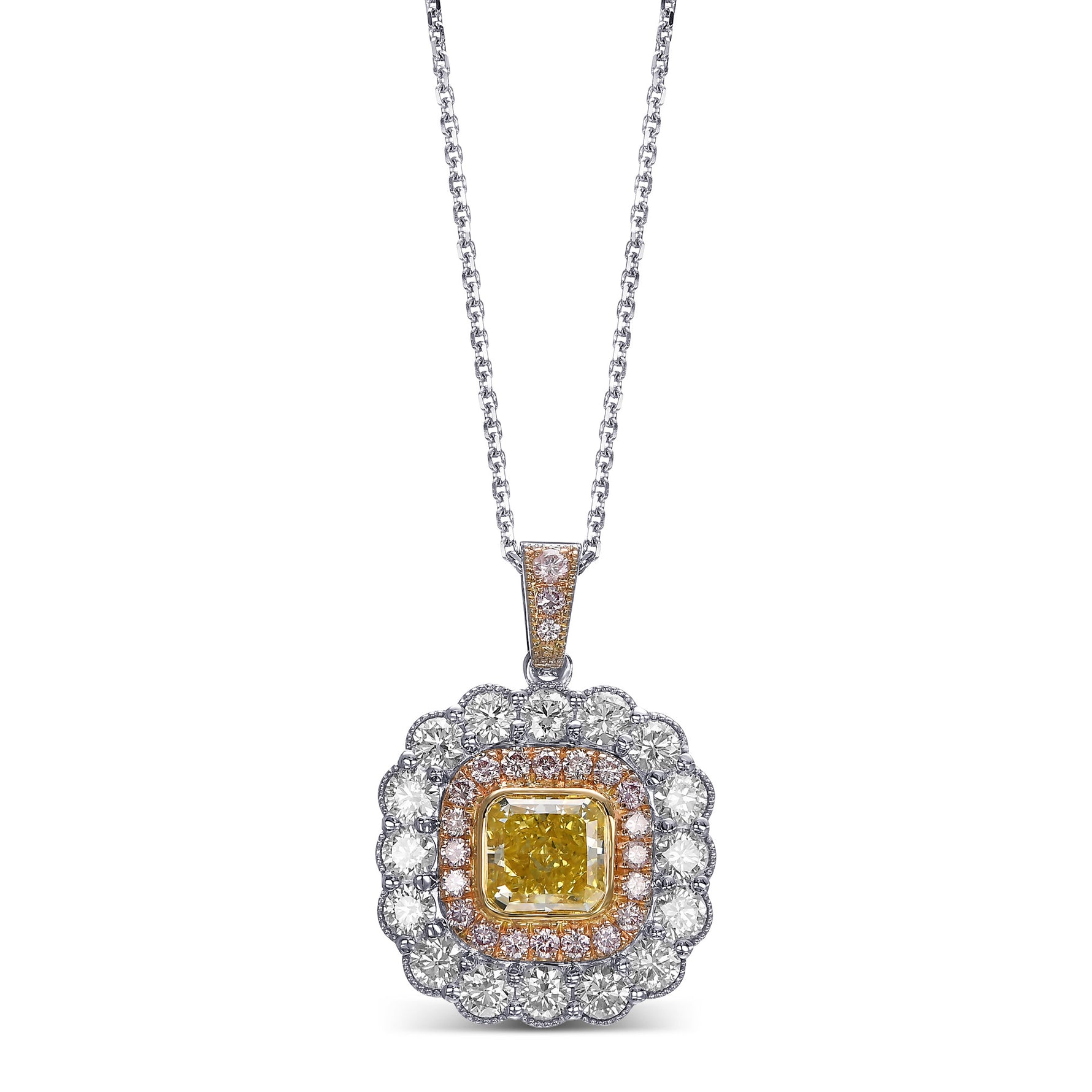 Fancy Intense Yellow Cushion Halo Diamond Pendant