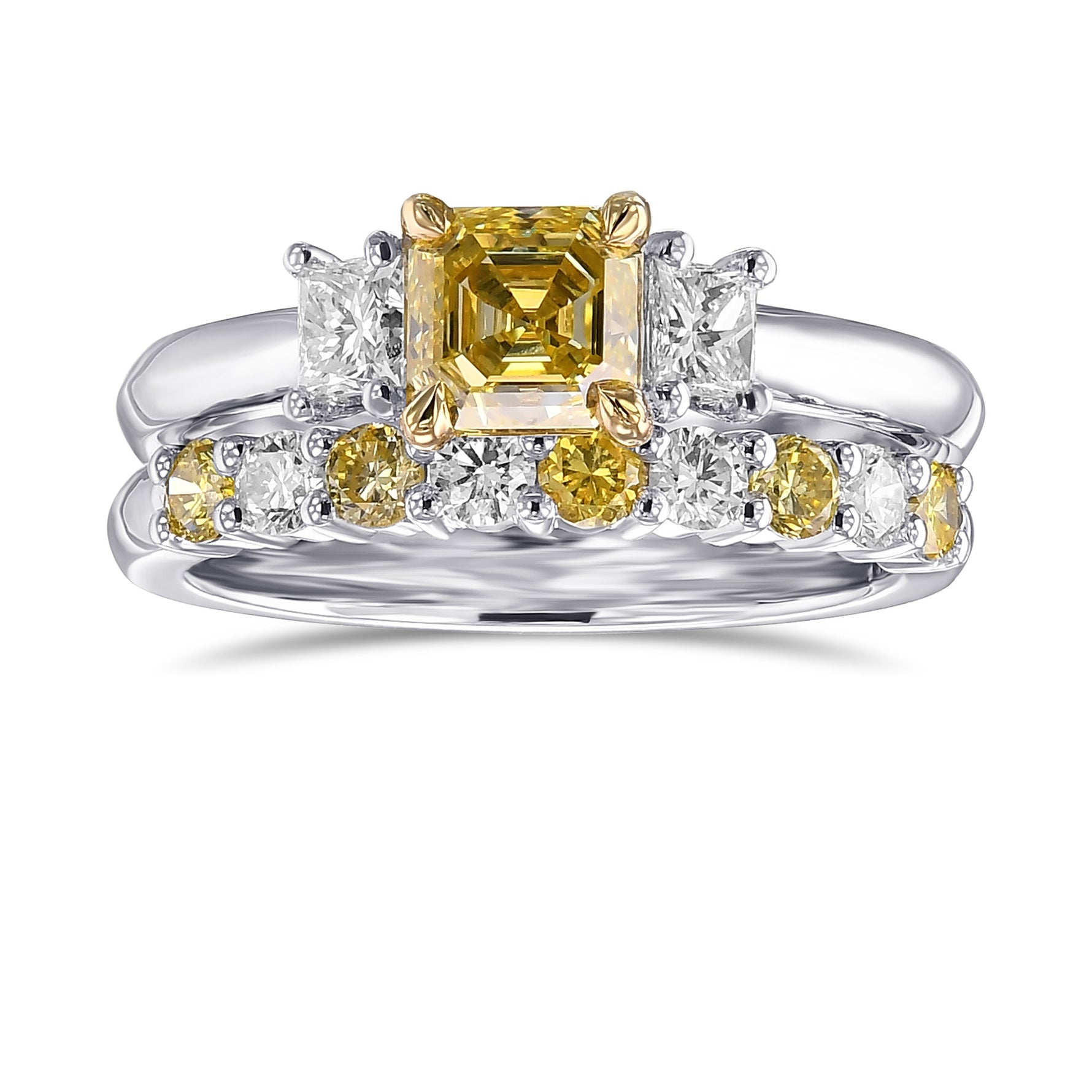Fancy Intense Yellow Asscher-cut Diamond Wedding Ring Set 