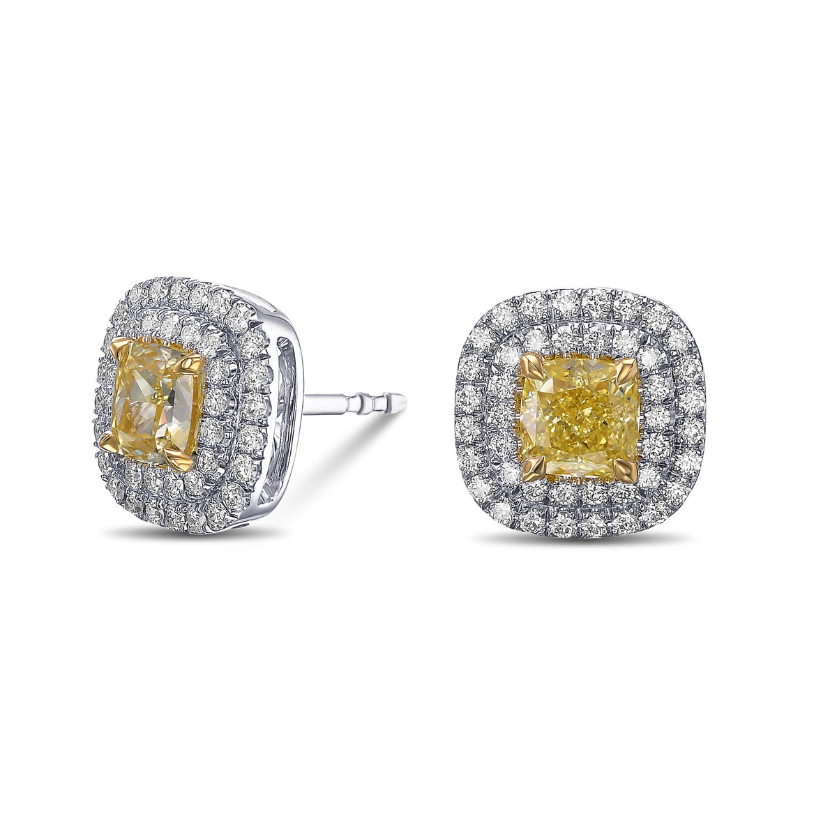 Fancy Yellow Cushion Double Halo Diamond Earrings