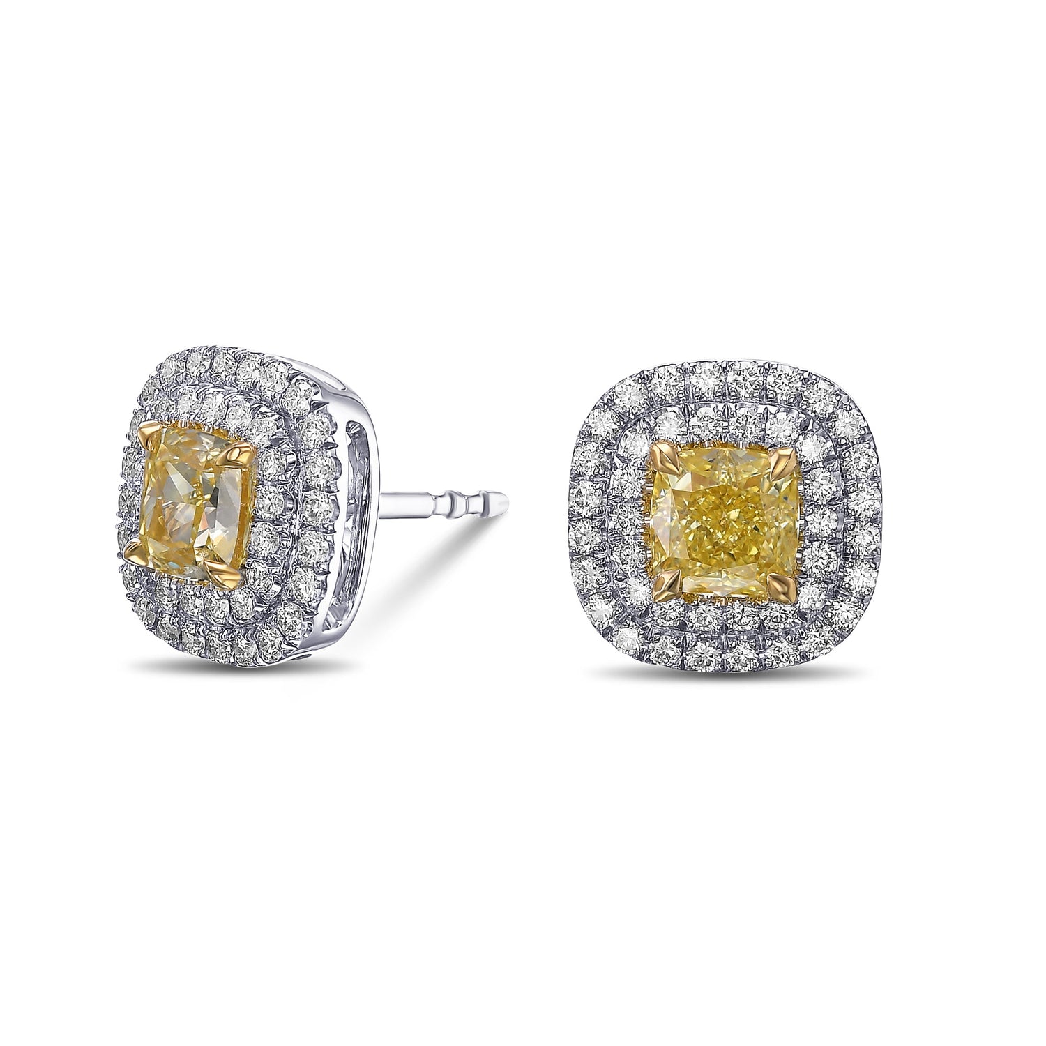 Fancy Yellow Cushion Double Halo Diamond Earrings