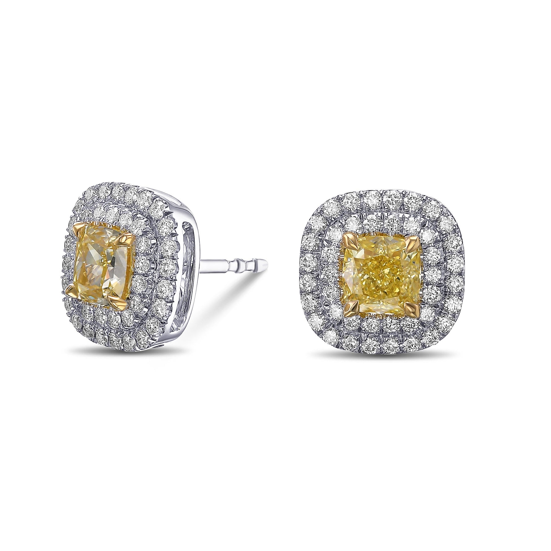 Fancy Yellow Cushion Double Halo Diamond Earrings
