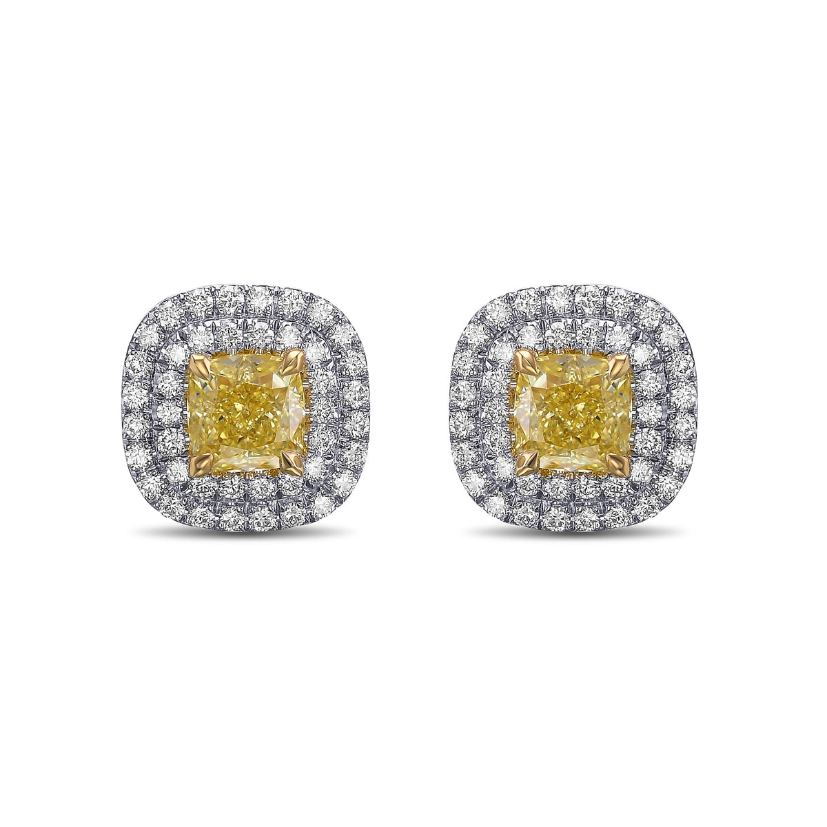 Fancy Yellow Cushion Double Halo Diamond Earrings