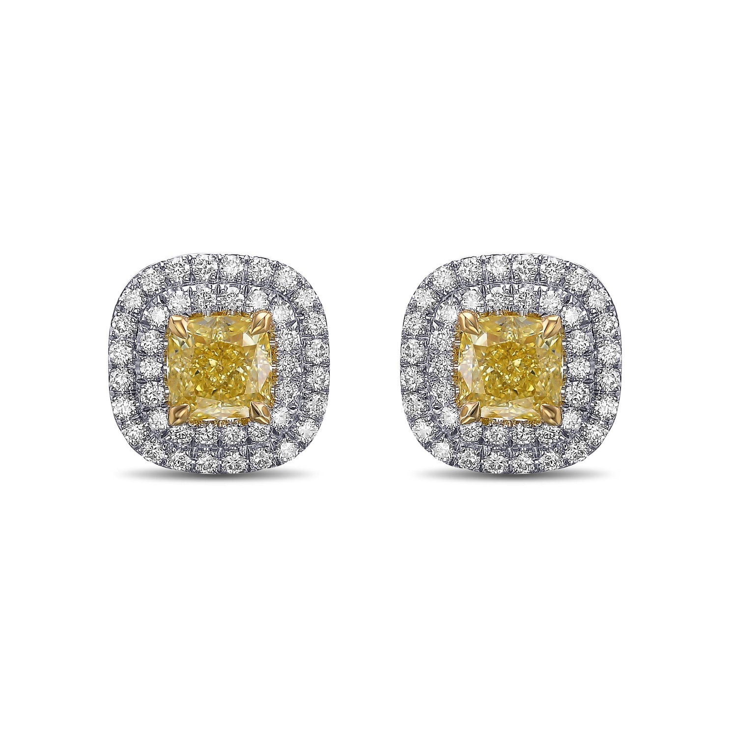 Fancy Yellow Cushion Double Halo Diamond Earrings