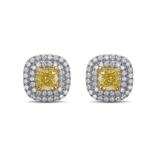 Fancy Yellow Cushion Double Halo Diamond Earrings
