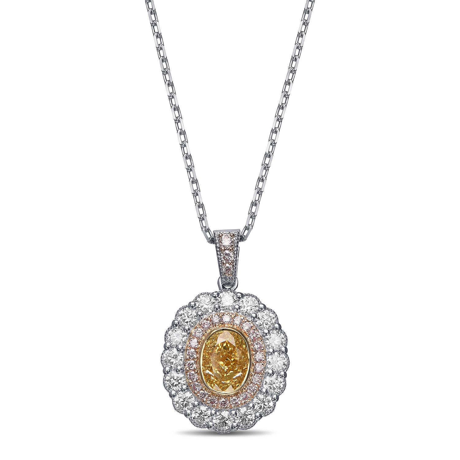 Fancy Brownish Yellow Oval Double Halo Diamond Pendant