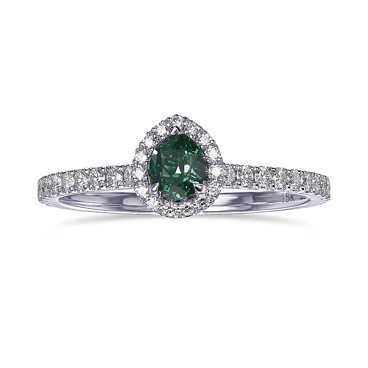 Fancy Vivid Bluish Green Pear Halo Diamond Ring