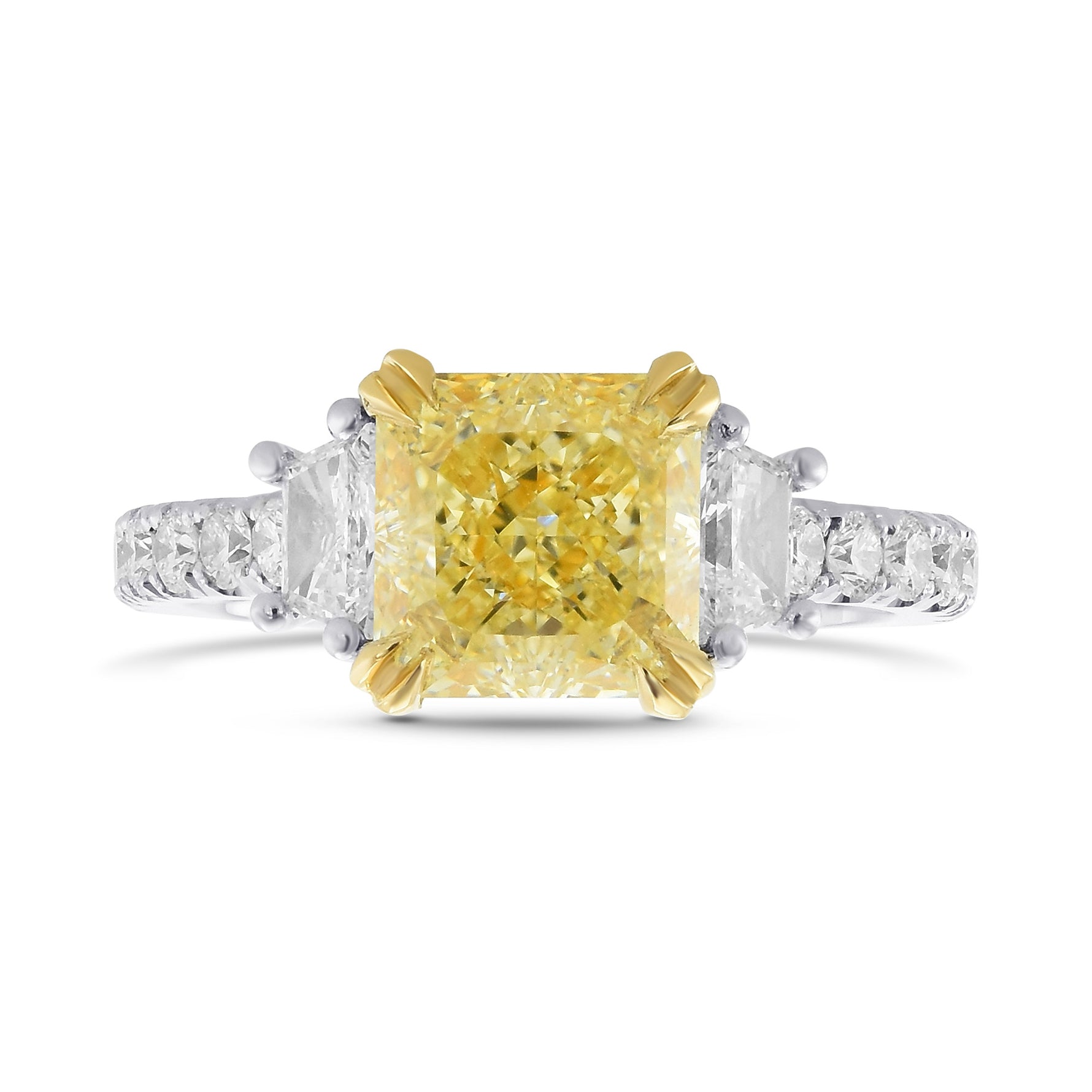 Fancy Light Yellow Radiant Trapezoid and Pave Diamond Side-stone Ring