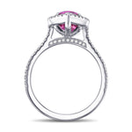 Pear Pinkish Red Ruby and Diamond Halo Ring