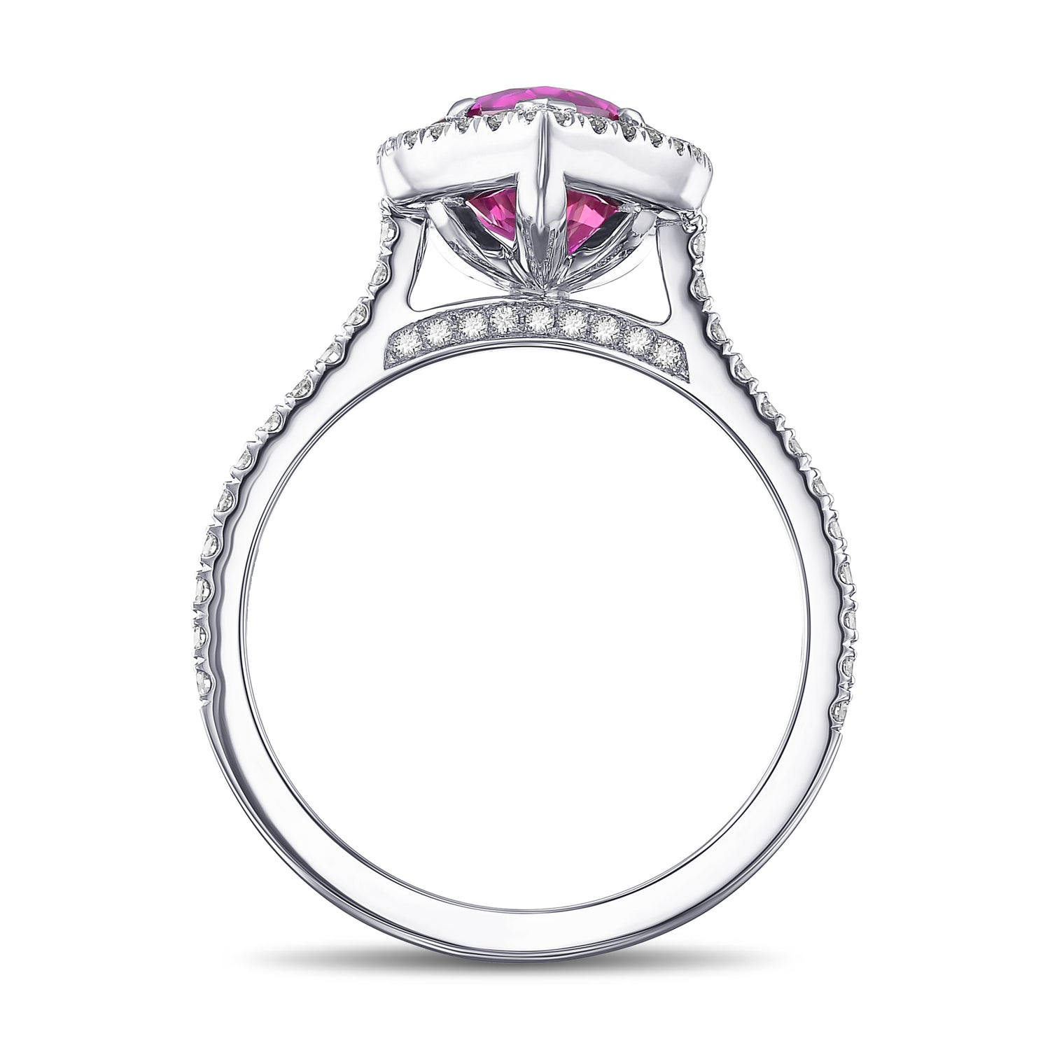 Pear Pinkish Red Ruby and Diamond Halo Ring