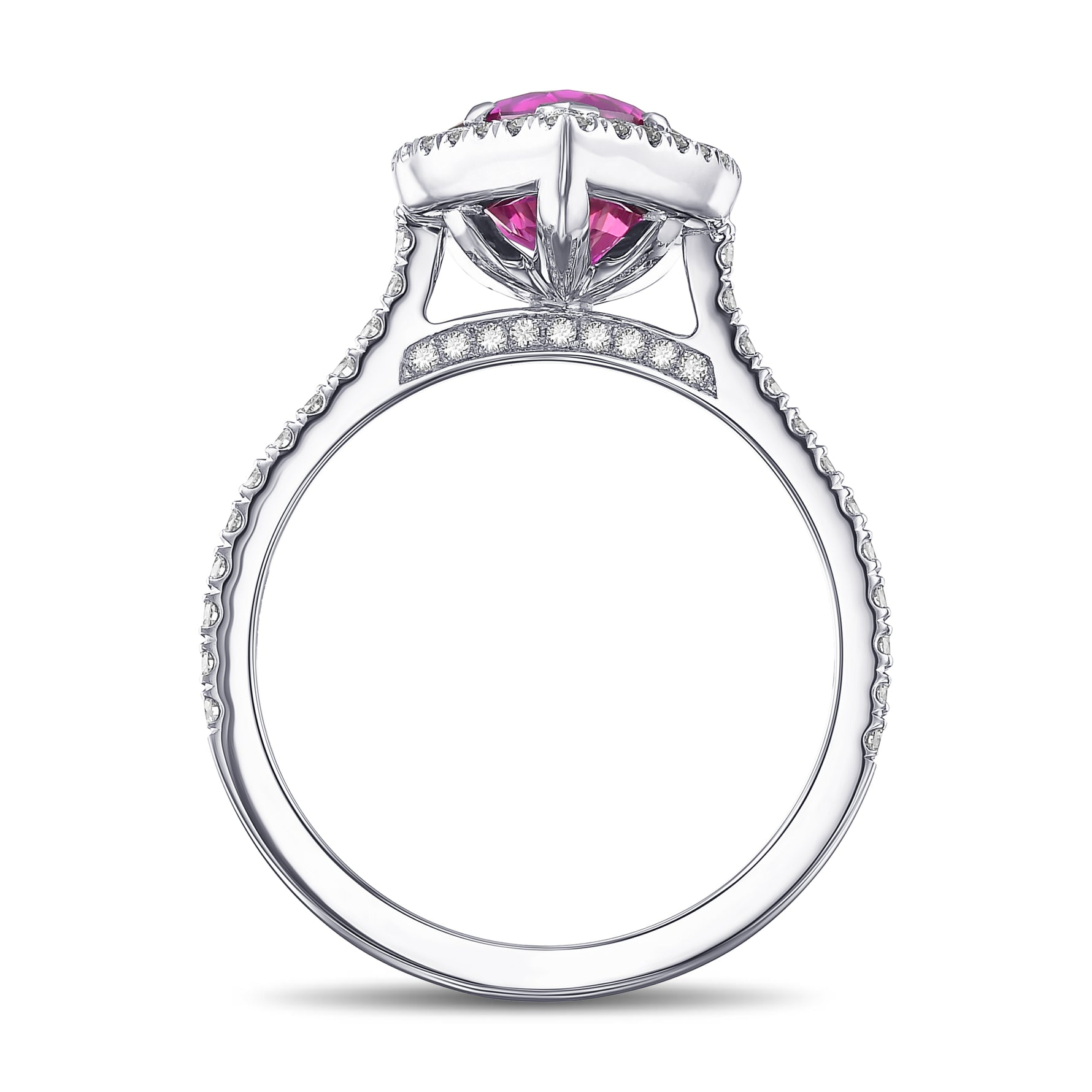 Pear Pinkish Red Ruby and Diamond Halo Ring