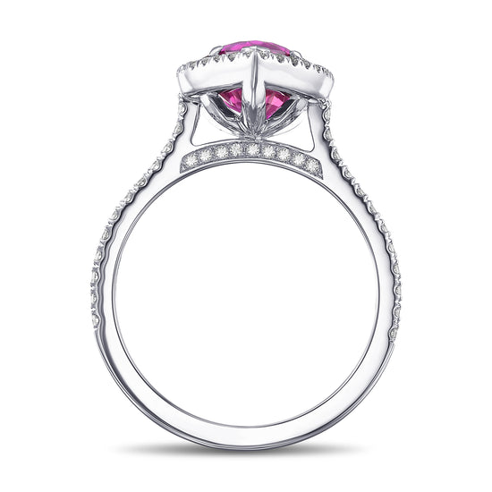 Pear Pinkish Red Ruby and Diamond Halo Ring