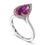 Pear Pinkish Red Ruby and Diamond Halo Ring