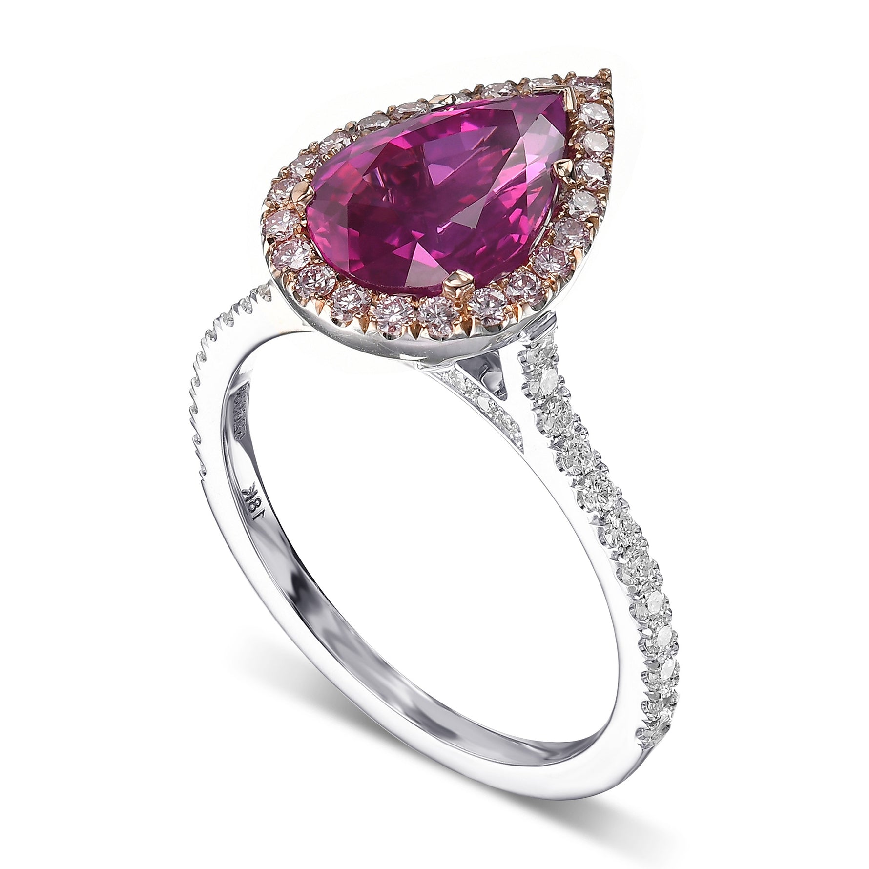 Pear Pinkish Red Ruby and Diamond Halo Ring