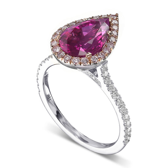 Pear Pinkish Red Ruby and Diamond Halo Ring
