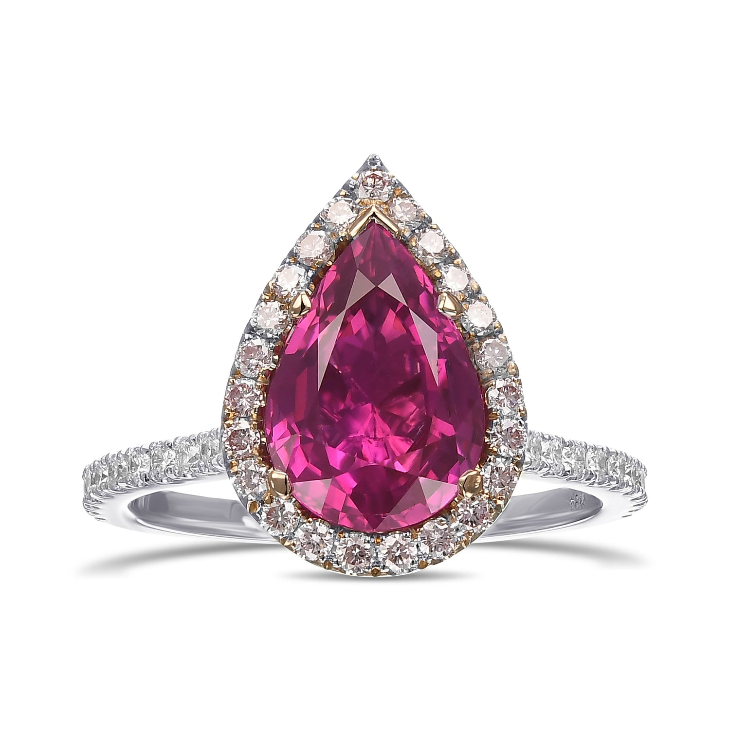 Pear Pinkish Red Ruby and Diamond Halo Ring