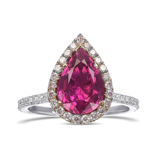 Pear Pinkish Red Ruby and Diamond Halo Ring