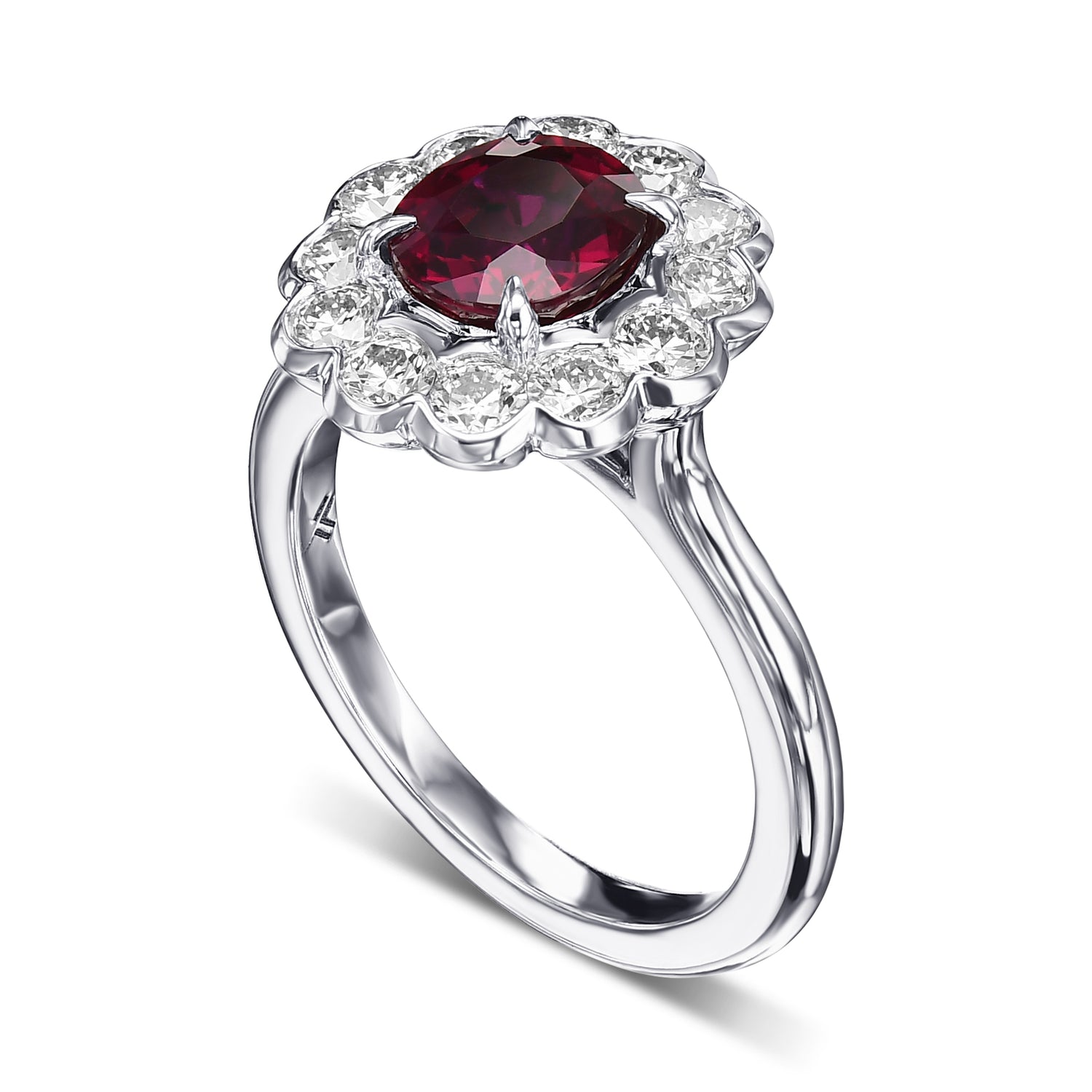Pigeon Blood Red Oval Ruby & Scalloped Round Brilliant Diamond Halo Ring