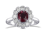 Pigeon Blood Red Oval Ruby & Scalloped Round Brilliant Diamond Halo Ring