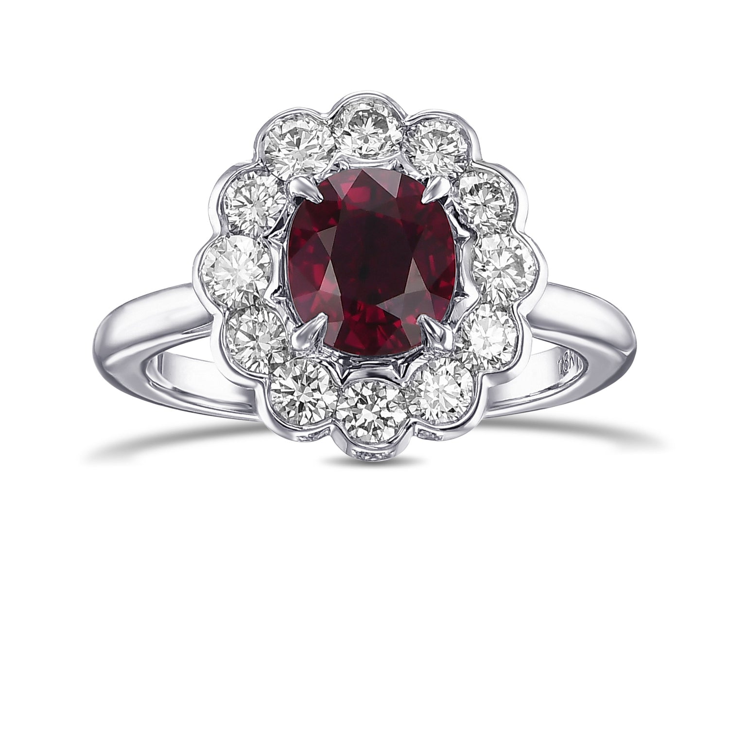 Pigeon Blood Red Oval Ruby & Scalloped Round Brilliant Diamond Halo Ring