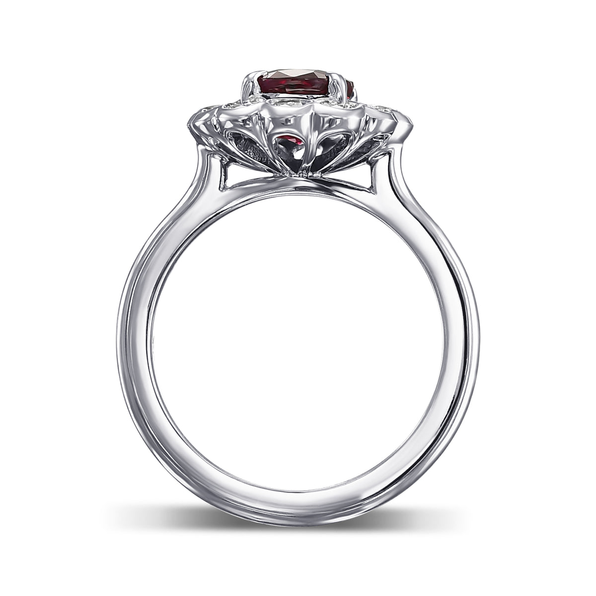 Pigeon Blood Red Oval Ruby & Scalloped Round Brilliant Diamond Halo Ring