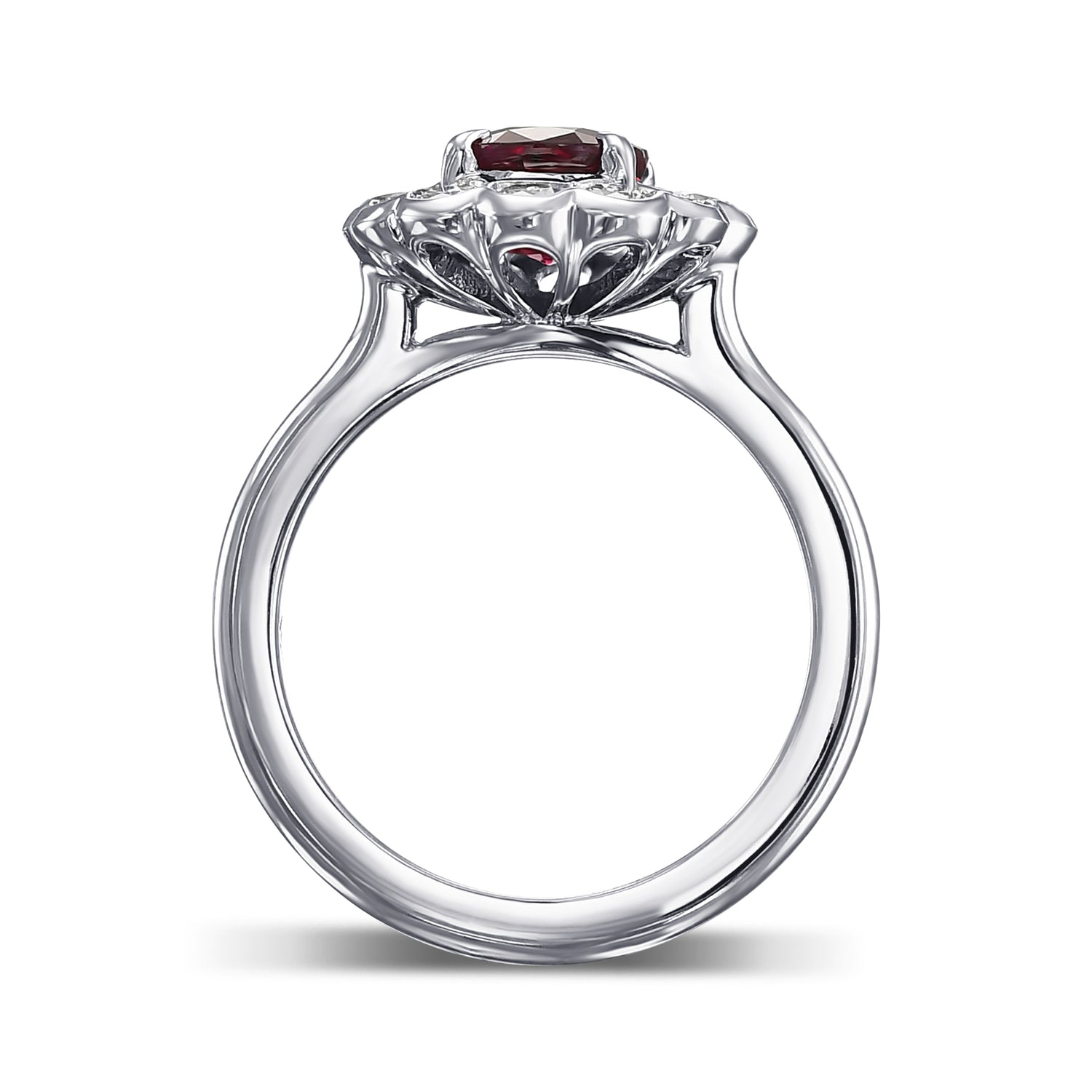 Pigeon Blood Red Oval Ruby & Scalloped Round Brilliant Diamond Halo Ring