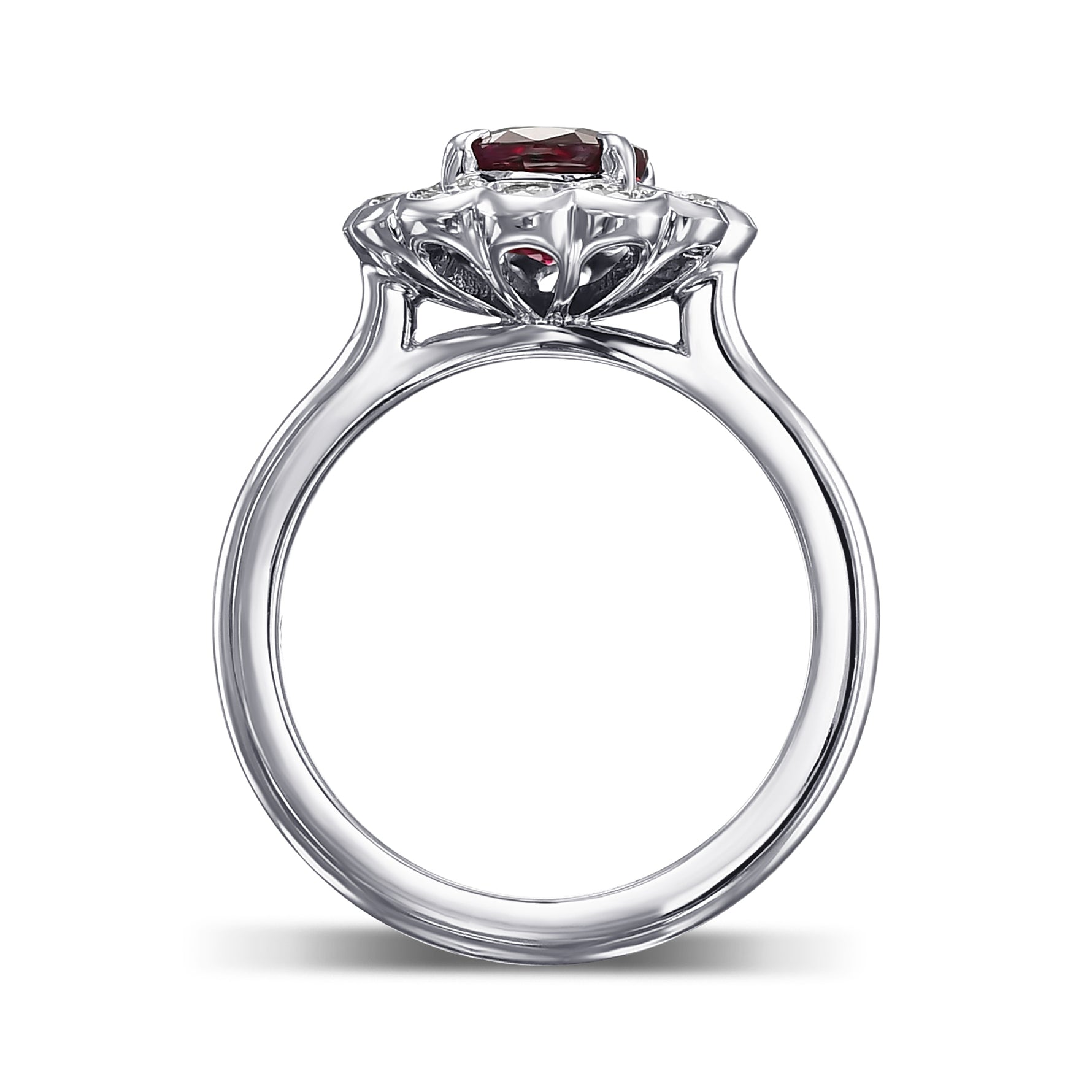 Pigeon Blood Red Oval Ruby & Scalloped Round Brilliant Diamond Halo Ring
