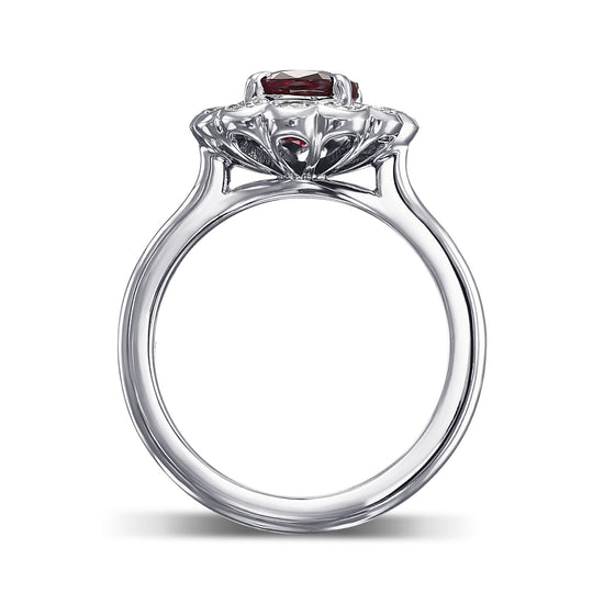 Pigeon Blood Red Oval Ruby & Scalloped Round Brilliant Diamond Halo Ring
