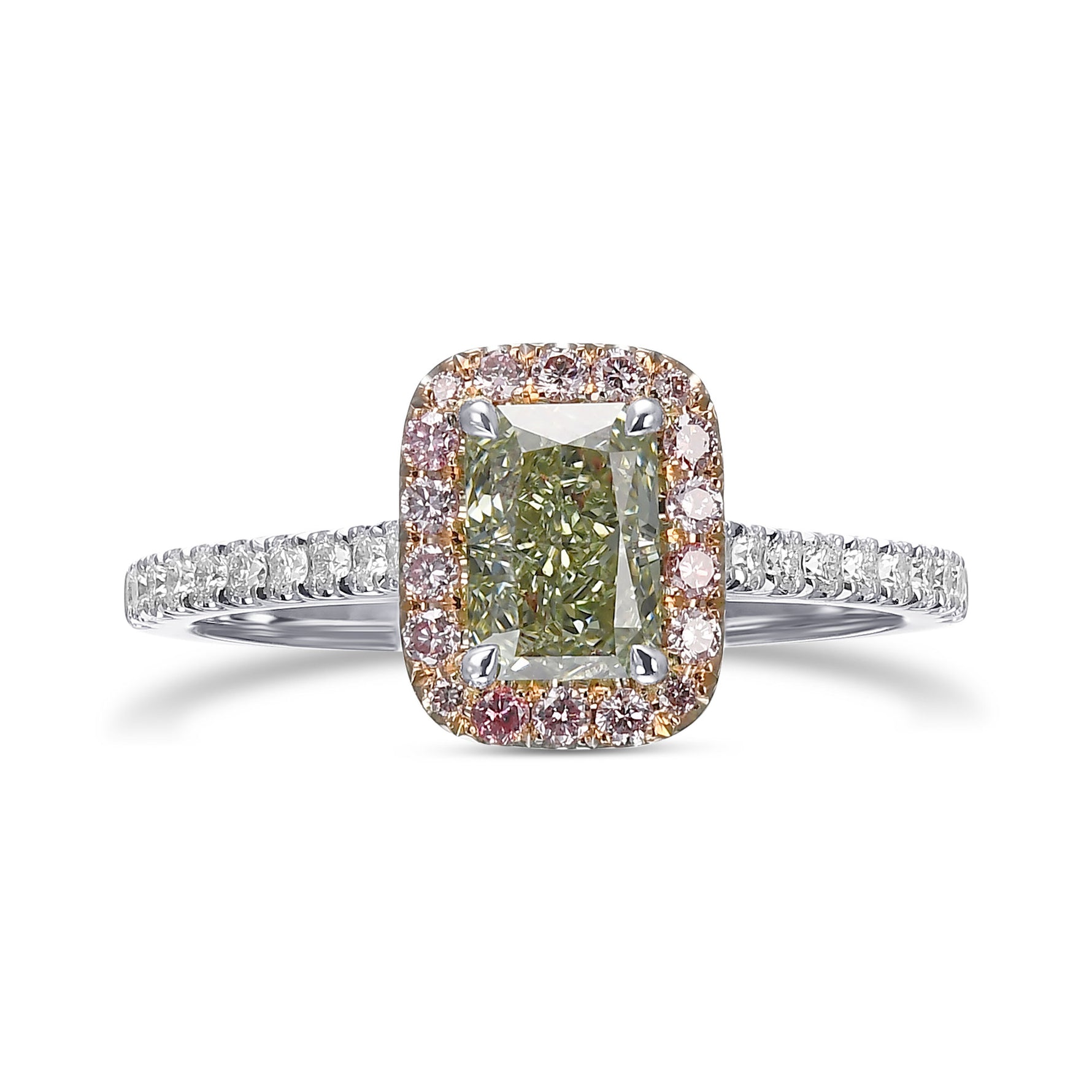 Fancy Intense Yellowish Green Radiant Halo Diamond Ring 