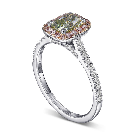 Fancy Intense Yellowish Green Radiant Halo Diamond Ring 