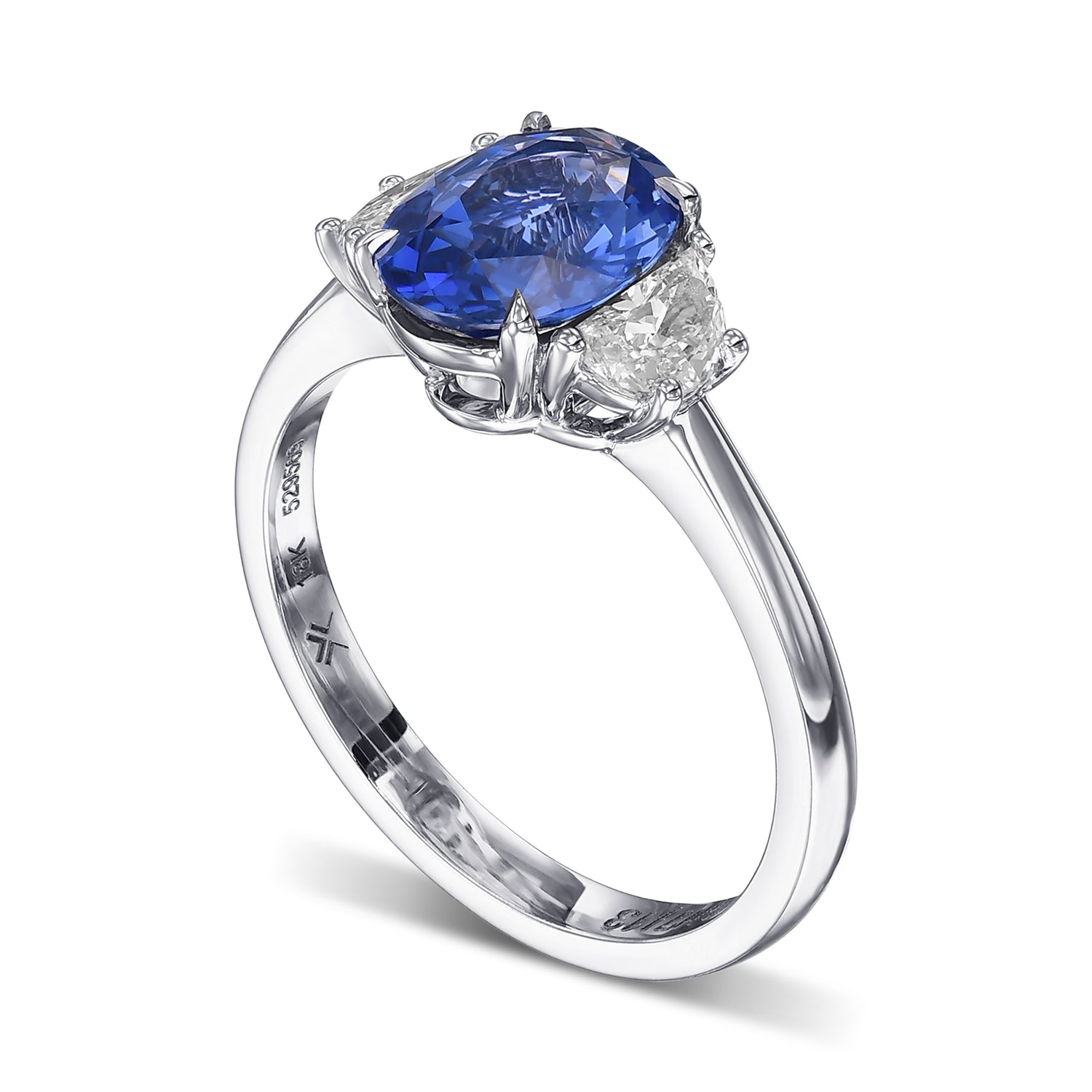 Oval Cornflower Blue Sapphire & Half-moon Diamond 3-stone Ring