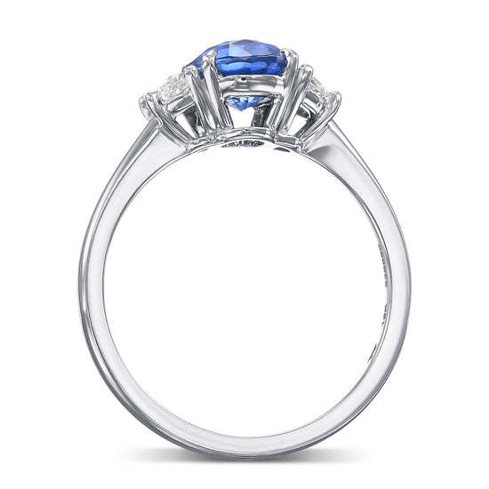 Oval Cornflower Blue Sapphire & Half-moon Diamond 3-stone Ring