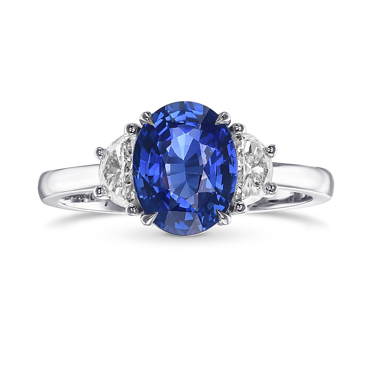 Oval Cornflower Blue Sapphire & Half-moon Diamond 3-stone Ring