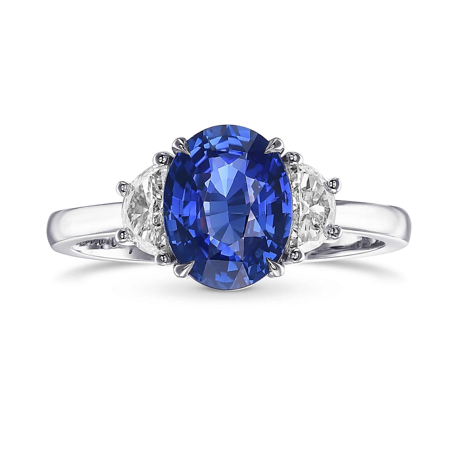 Oval Cornflower Blue Sapphire & Half-moon Diamond 3-stone Ring