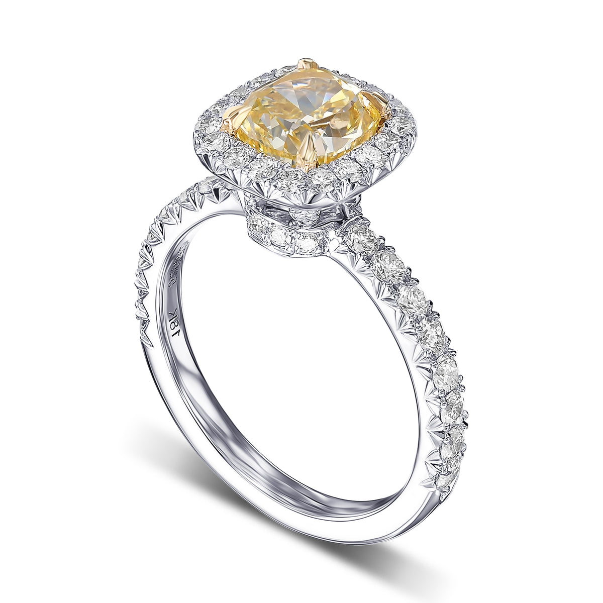 Fancy Yellow Cushion Queens Halo Diamond Ring