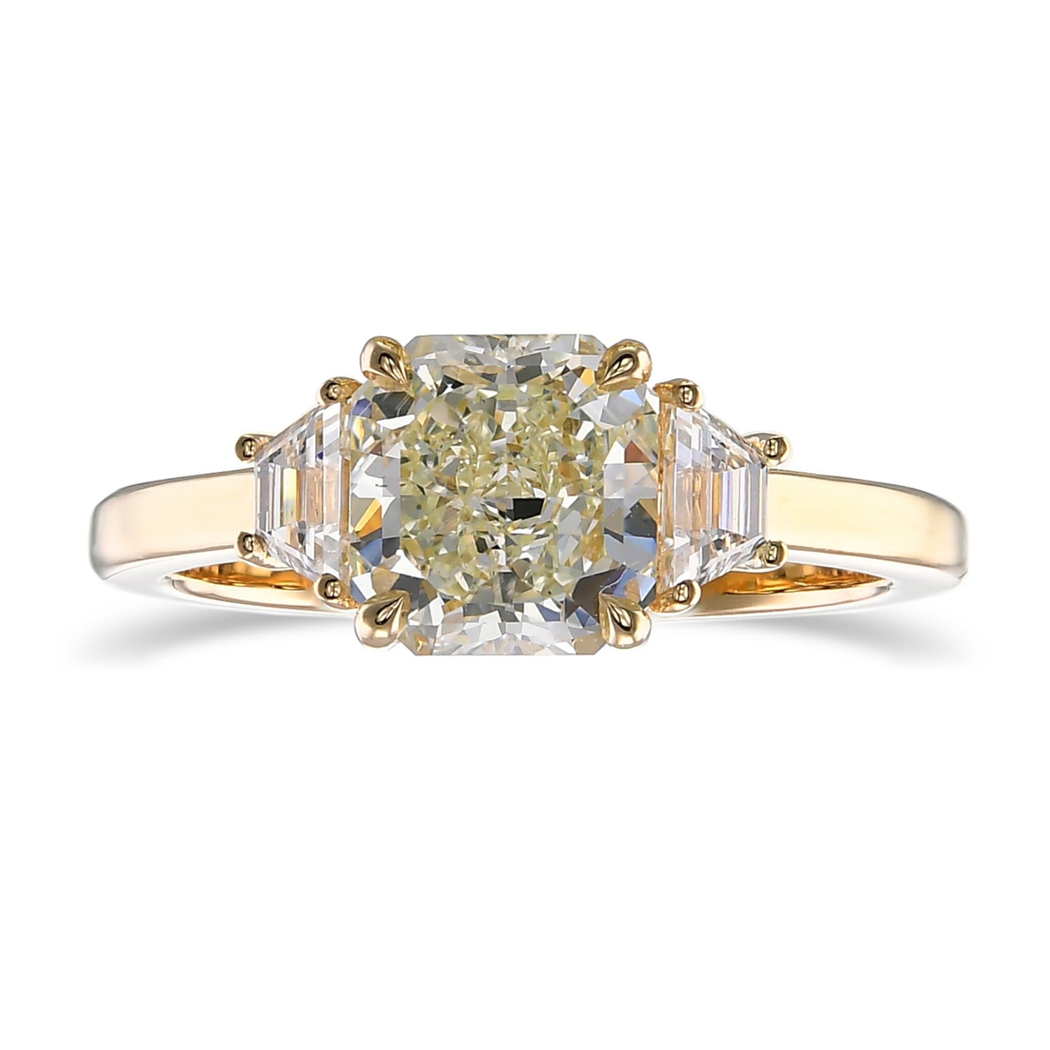 Light Yellow Green Radiant & Trapezoid 3-Stone Diamond Ring