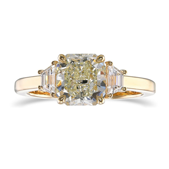 Light Yellow Green Radiant & Trapezoid 3-Stone Diamond Ring