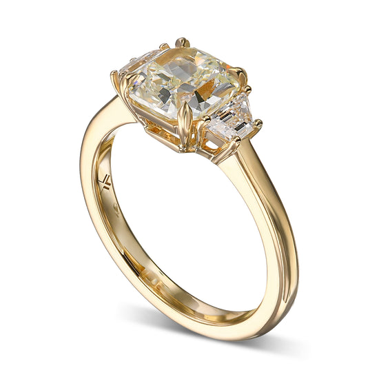 Light Yellow Green Radiant & Trapezoid 3-Stone Diamond Ring