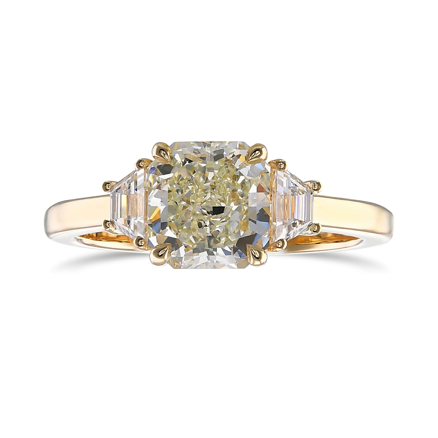 Light Yellow Green Radiant & Trapezoid 3-Stone Diamond Ring