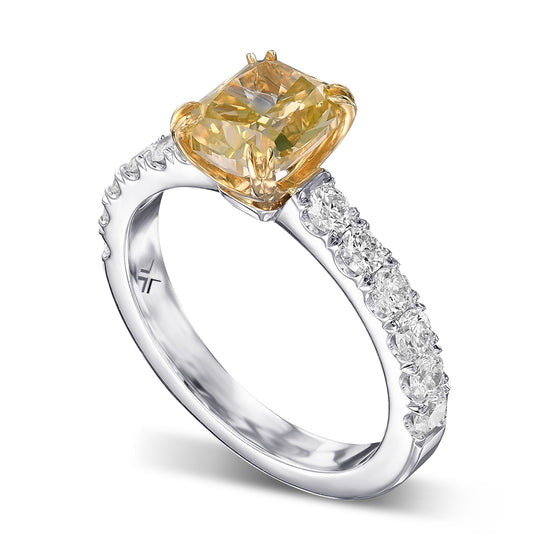 Fancy Brownish Yellow Cushion Side Stone Diamond Ring