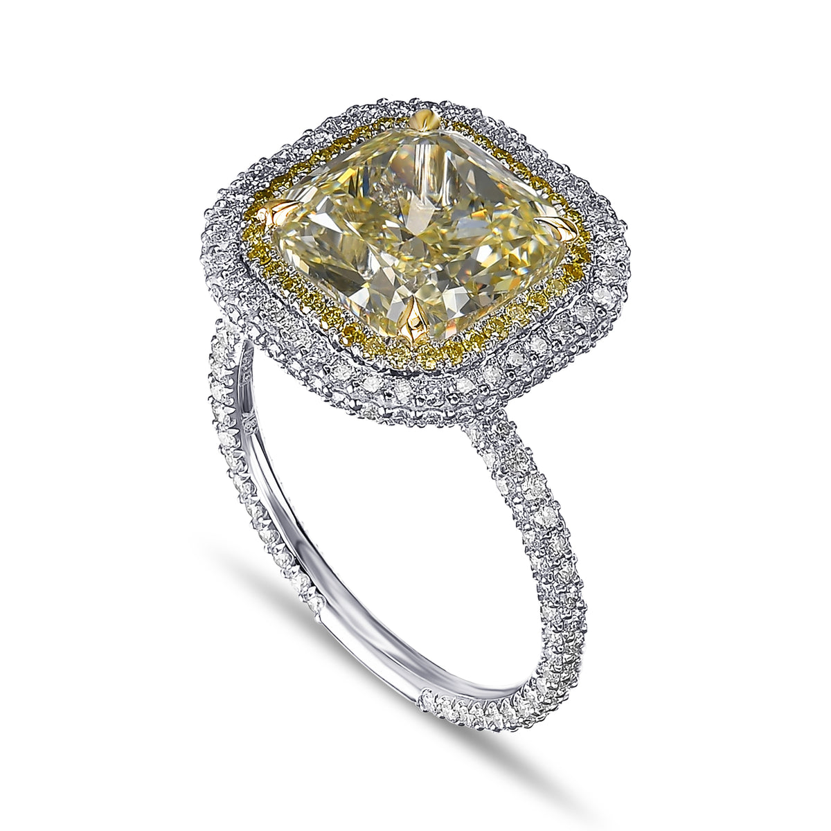 Fancy Light Yellow Cushion Double Halo Diamond Ring