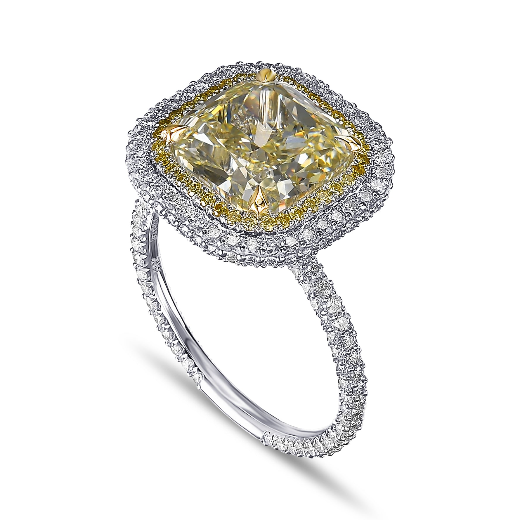 Fancy Light Yellow Cushion Double Halo Diamond Ring