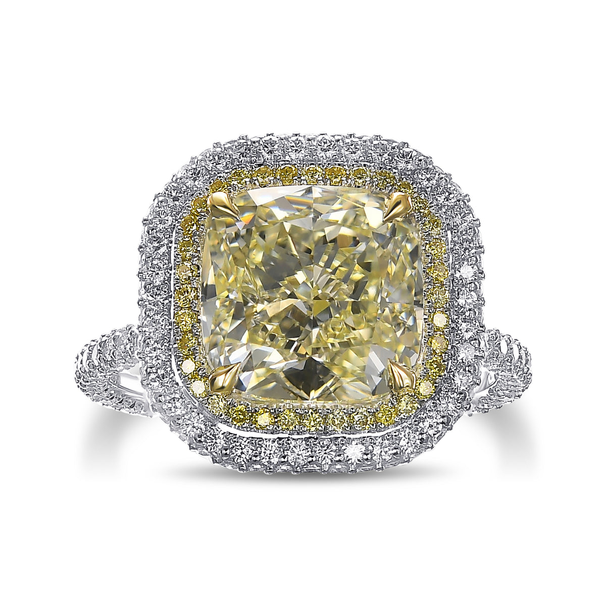 Fancy Light Yellow Cushion Double Halo Diamond Ring