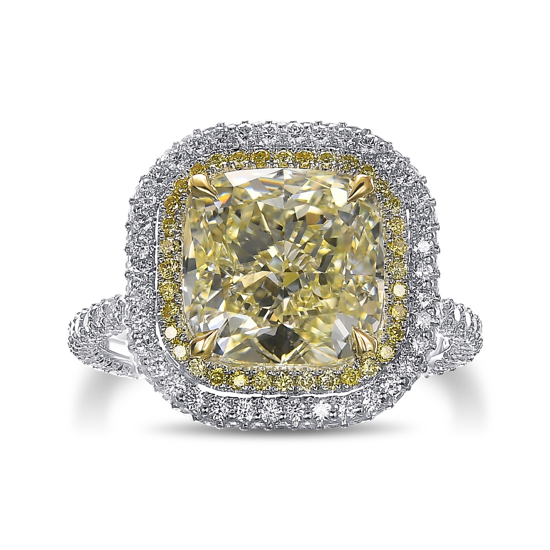 Fancy Light Yellow Cushion Double Halo Diamond Ring