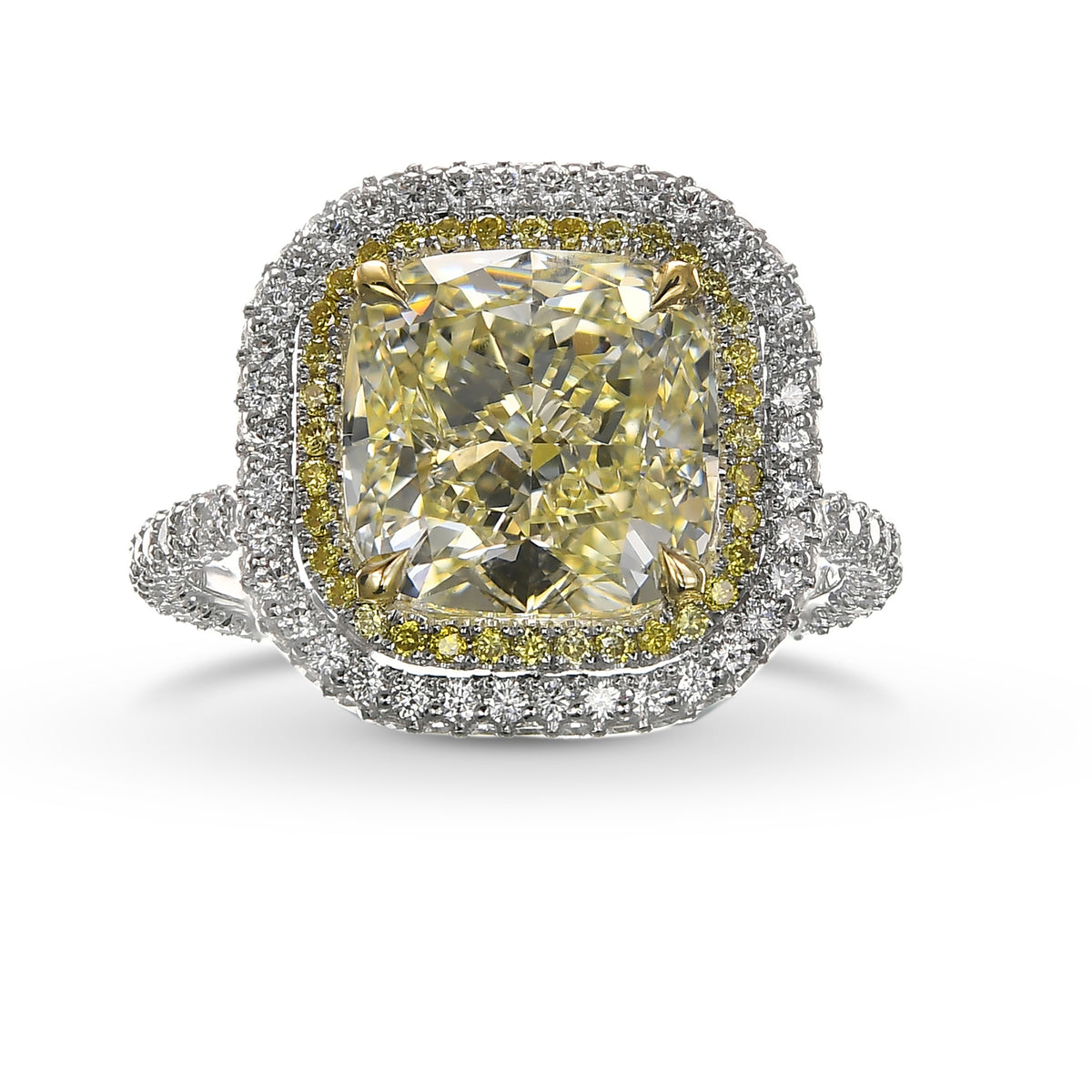 Fancy Light Yellow Cushion Double Halo Diamond Ring