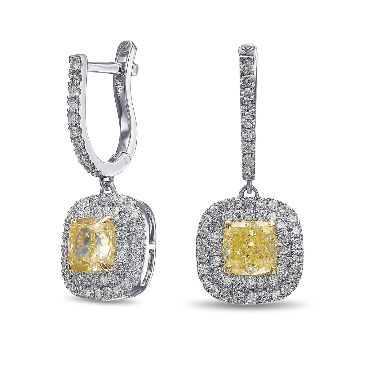 Fancy Yellow Cushion Drop Halo Diamond Earrings