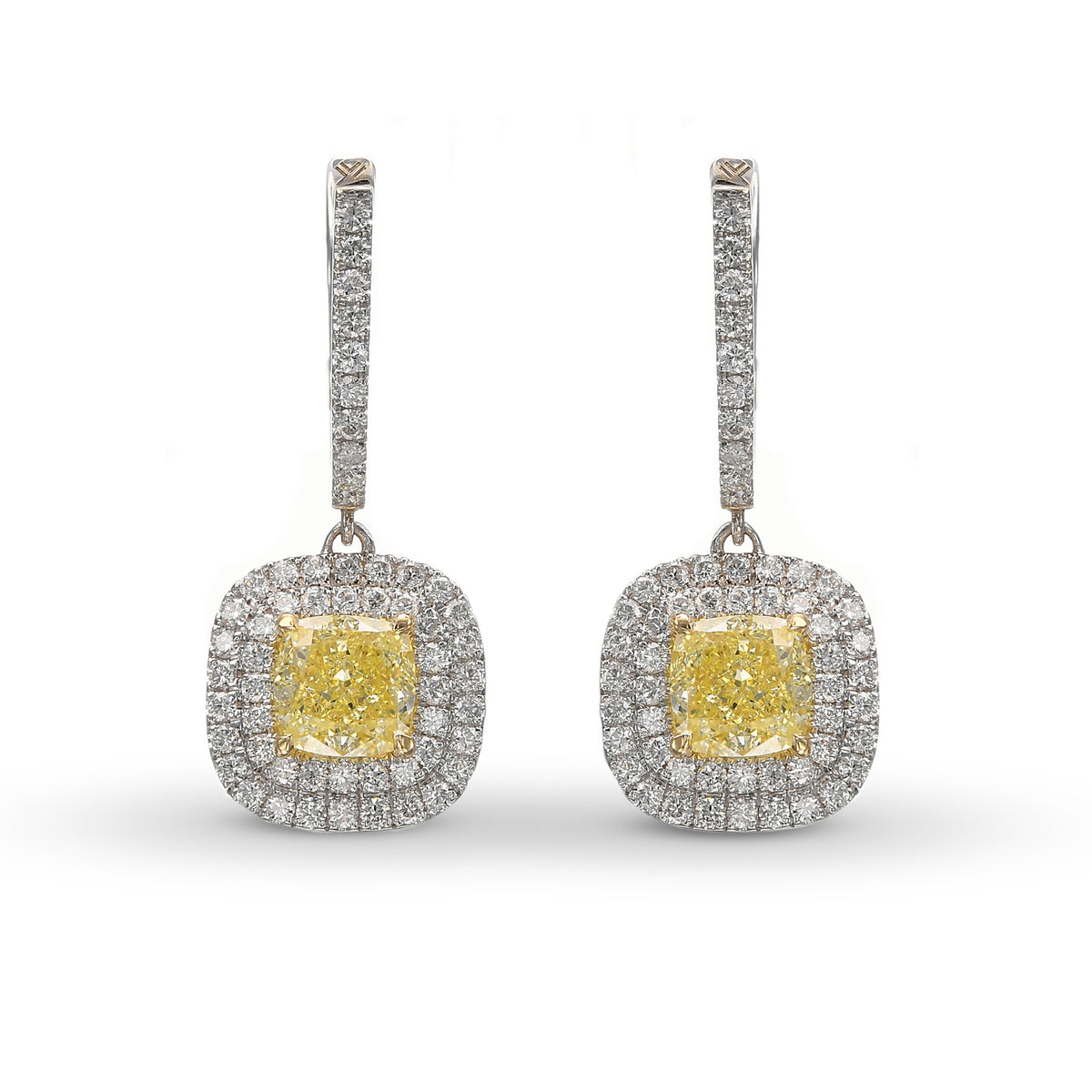 Fancy Yellow Cushion Drop Halo Diamond Earrings