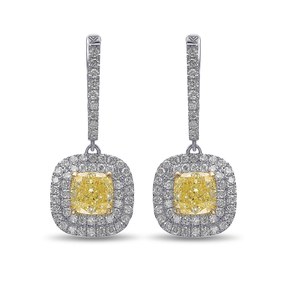 Fancy Yellow Cushion Drop Halo Diamond Earrings